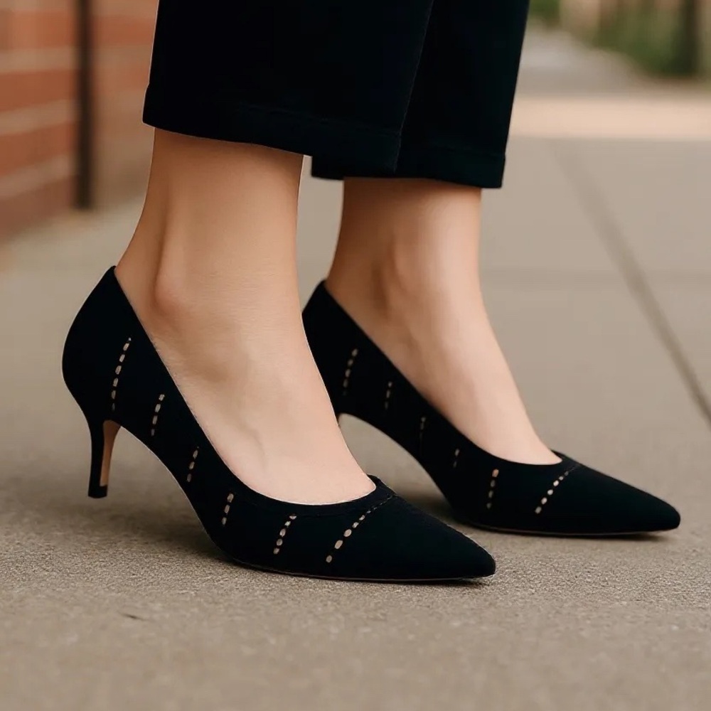 Jimmy Choo Black Suede Pointed Kitten Heels Cutout Detail Pumps Size 38 1/2